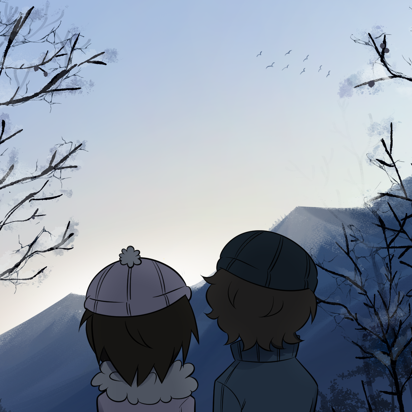 A piece of digital art created by my girlfriend, picturing us walking a nature trail in the forest at twilight, with mountains in the distance and birds flying overhead.